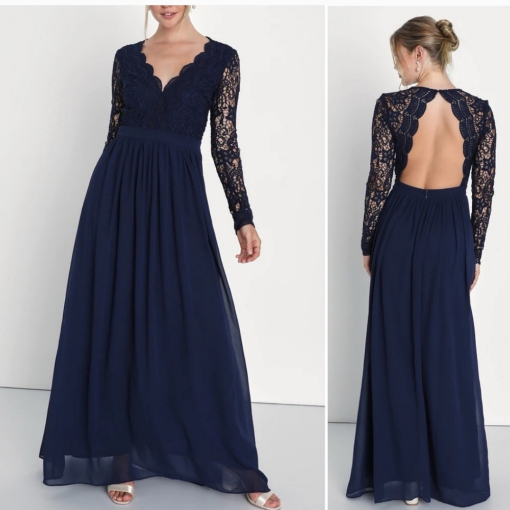 Lulus Awaken My Love Long Sleeve Lace Chiffon Maxi Dress Navy Blue Size S NWT